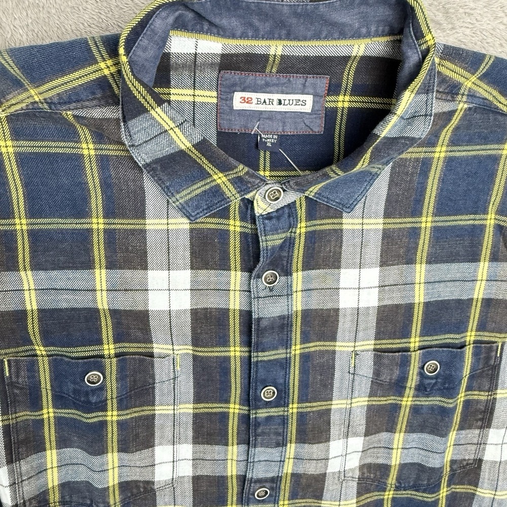 32 Bar Blues Button Up Shirt Mens XL Blue Yellow Plaid‎ L/S Flannel Casual NWOT